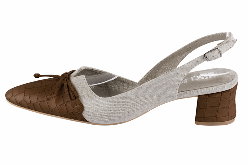 Caramel brown and natural beige women's open back shoes, with a knot. Tapered toe. Low flare heels. Profile view - Florence KOOIJMAN